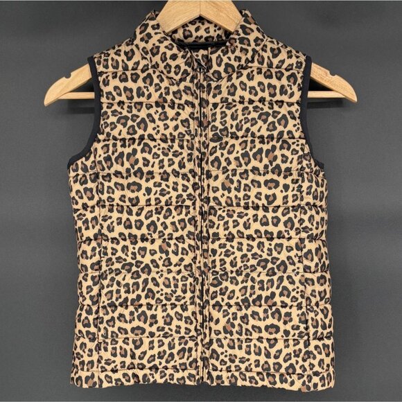 Gap Kids Girls Leopard Print Lightweight Puffer Vest M Brown Primaloft Outerwear - Picture 1 of 8